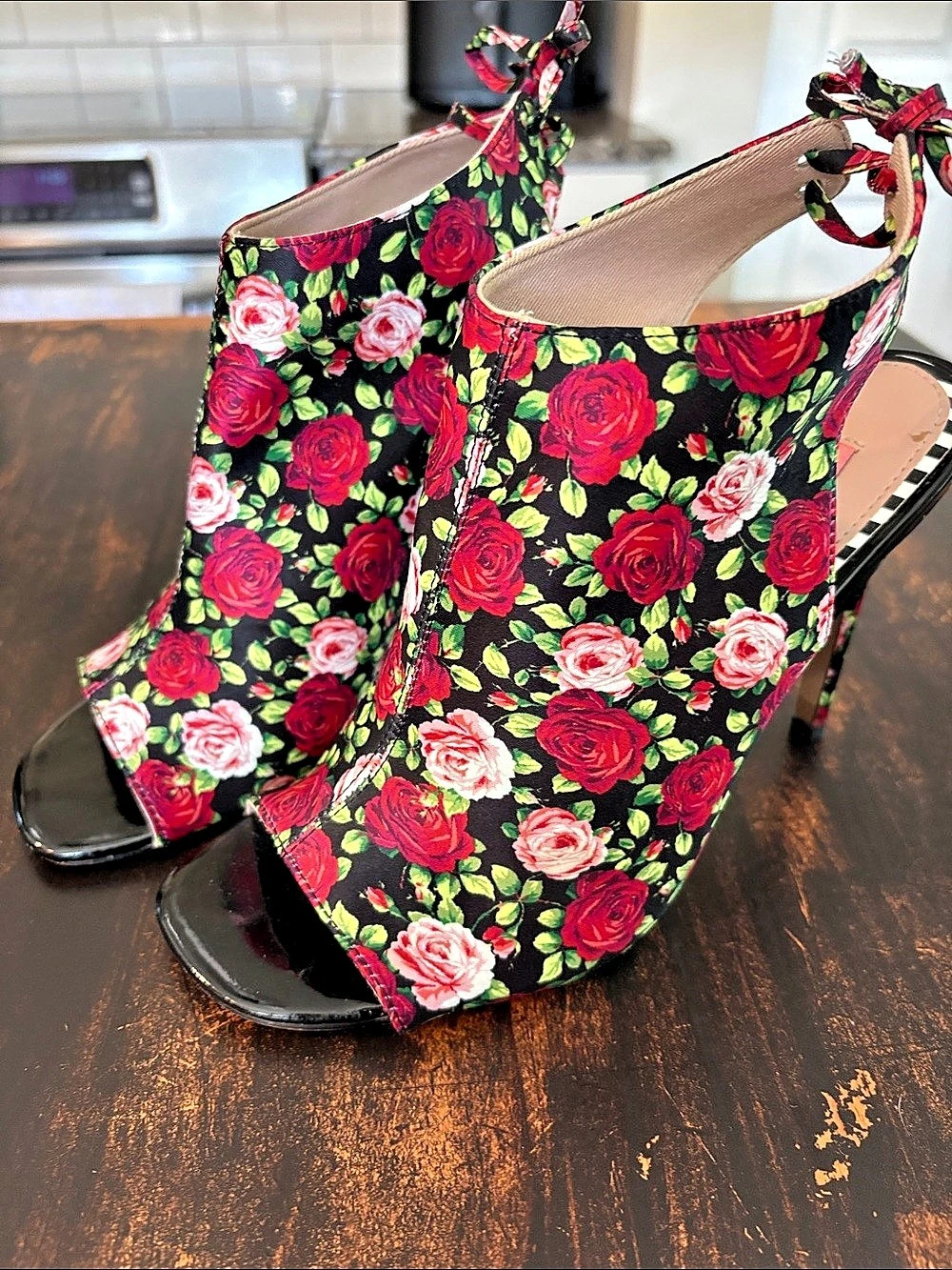 Betsey Johnson Floral Ankle-Tie Heels in Black & Red